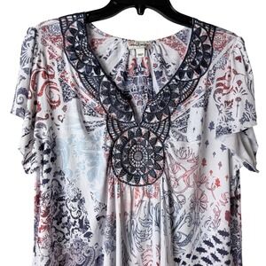 World Unity Tunic Top Knit Women XL Blue Paisley Crochet Lace Sharkbite Hem